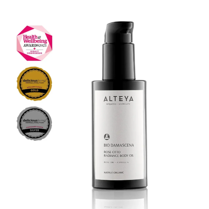 Ekologiškas švytėjimo suteikiantis kūno aliejus RADIANCE ROSE OTTO, BIO DAMASCENA, 100 ml