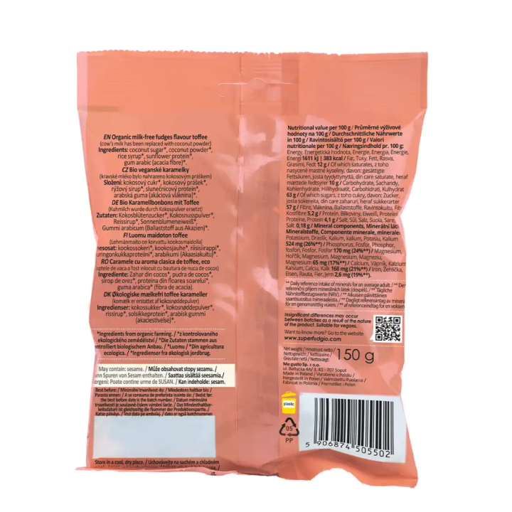 Ekologiški augaliniai saldainiai „Karvutė“ Toffi skonio, 150 g,  SUPER FUDGIO