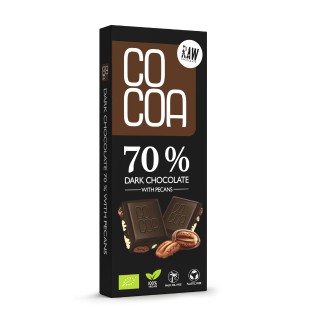 Ekologiškas juodasis šokoladas 70 % su PEKANO riešutais, 40 g, COCOA