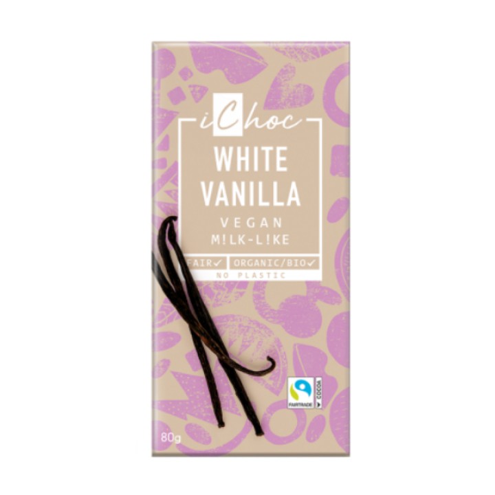 Ekologiškas baltasis šokoladas WHITE VANILLA, 80 g, Ichoc