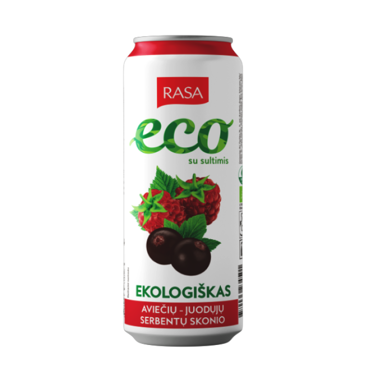 Ekologiškas aviečių ir juodųjų serbentų skonio gazuotas gaivusis gėrimas  su sultimis, 0.5l RASA ECO