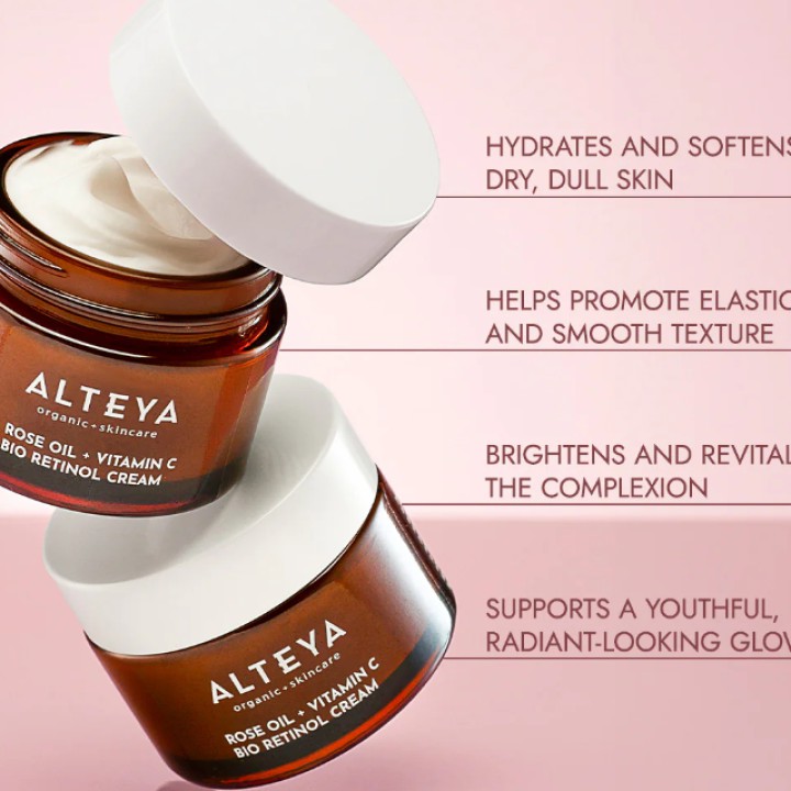 Ekologiškas LUMINOUS ROSE BIO RETINOL veido kremas - rožių aliejus + vitaminas C, 50 ml, ALTEYA