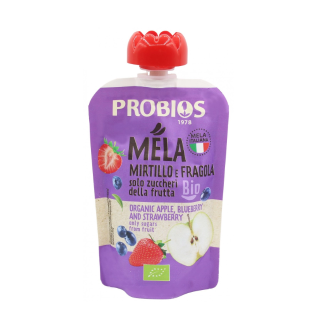 Ekologiška obuolių, mėlynių ir braškių tyrė be cukraus, 100 g, PROBIOS