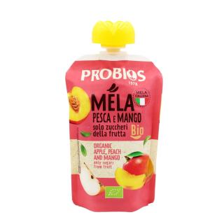 Ekologiška  persikų, obuolių ir mangų tyrė be cukraus, 100 g, PROBIOS