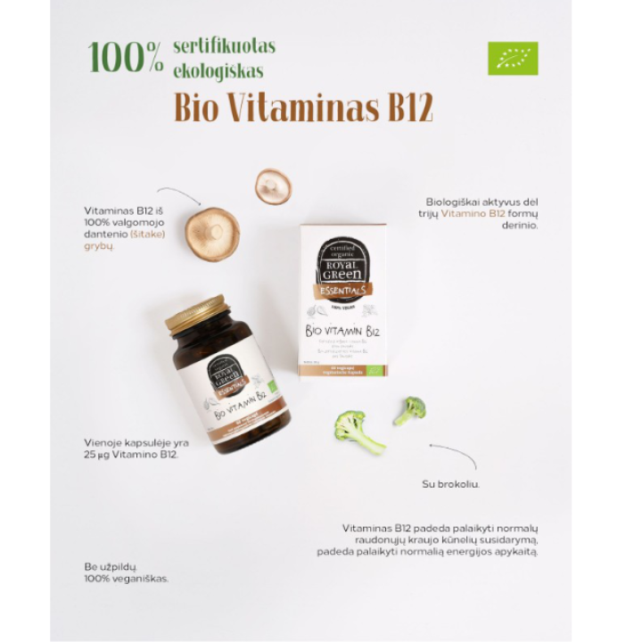 Ekologiškas vitaminas B12 25 mcg, ROYAL GREEN, 60 kapsulių