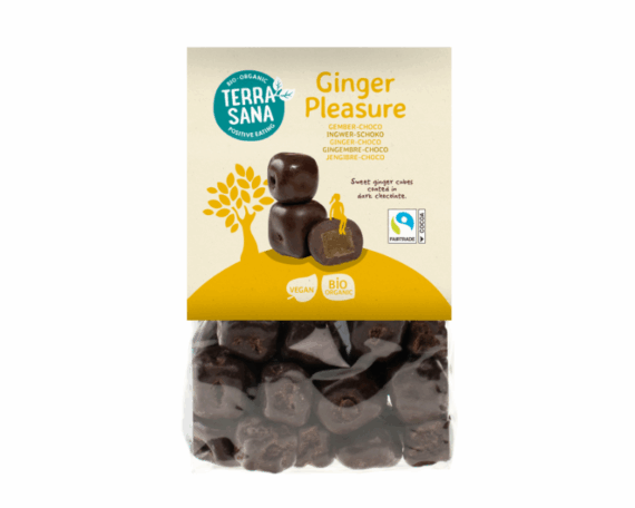 Ekologiški imbiero gabaliukai šokolade Ginger Pleasure, 150 g, TERRASANA - Image 1