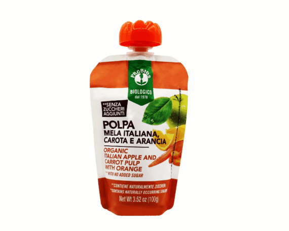 Ekologiška apelsinų, obuolių ir morkų tyrė be cukraus, 100 g, PROBIOS - Image 1