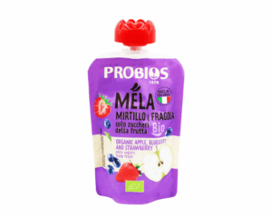 Ekologiška obuolių, mėlynių ir braškių tyrė be cukraus, 100 g, PROBIOS
