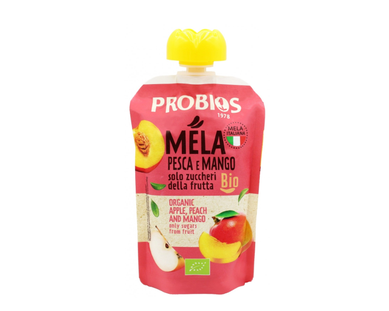 Ekologiška persikų, obuolių ir mangų tyrė be cukraus, 100 g Ekologiška persikų, obuolių ir mangų tyrė be cukraus, 100 g, PROBIOS - Image 1