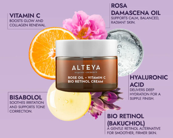 Ekologiškas LUMINOUS ROSE BIO RETINOL veido kremas - rožių aliejus + vitaminas C, 50 ml, ALTEYA - Image 3