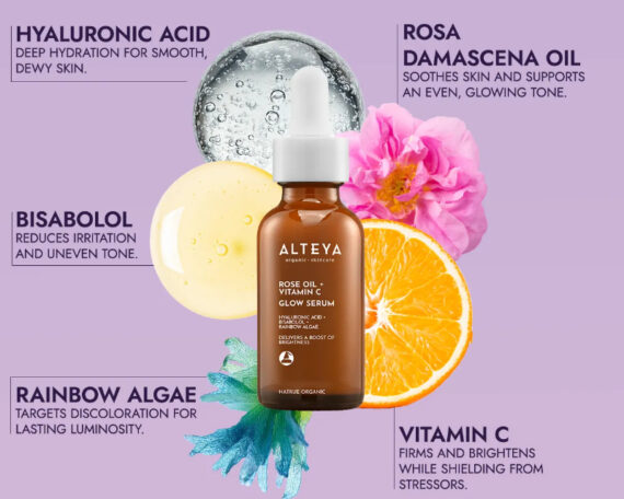 Ekologiškas LUMINOUS ROSE GLOW serumas - rožių aliejus + vitaminas C, 30 ml, ALTEYA - Image 3