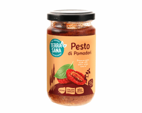 Ekologiškas saulėje džiovintų pomidorų užtepas Pesto di Pomodori, 180 g, TERRASANA - Image 1