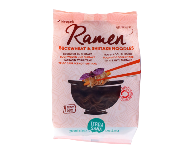 Ekologiški makaronai su grikiais ir šitake grybais Ramen, be glitimo, 280 g, TERRASANA Органические цельнозерновые рисовые макароны Fusilli 250 г (Kopija) — изображение 1