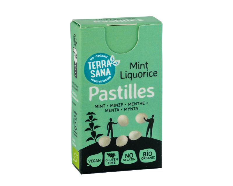 Ekologiškos saldymedžio mėtinės pastilės, 25 g, TERRASANA Ekologiškos saldymedžio mėtinės pastilės, 25 g, TERRASANA - Image 1